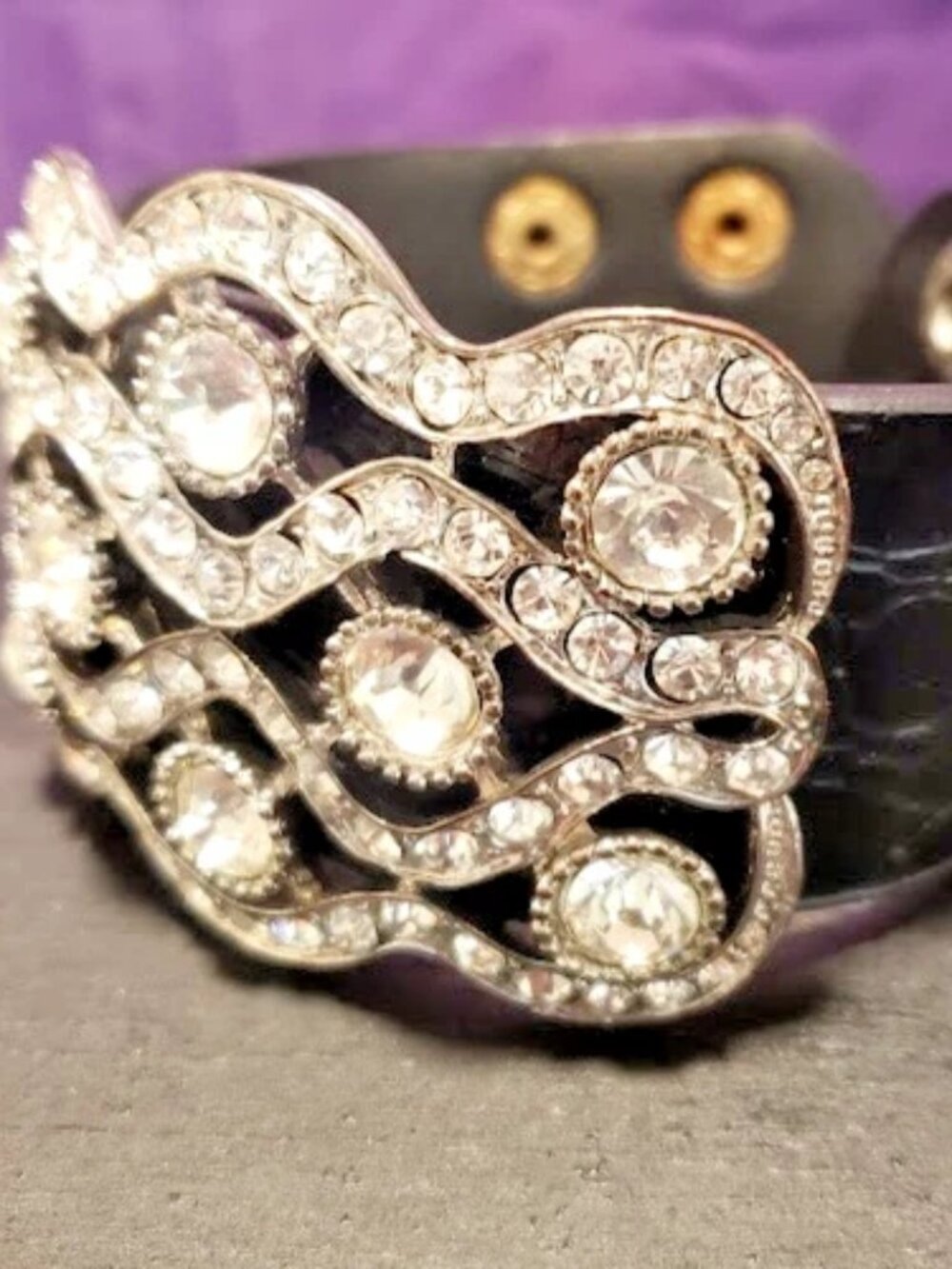 Bling Sparkle Statement Cuff Genuine Black Leather Rhinestone Bracelet